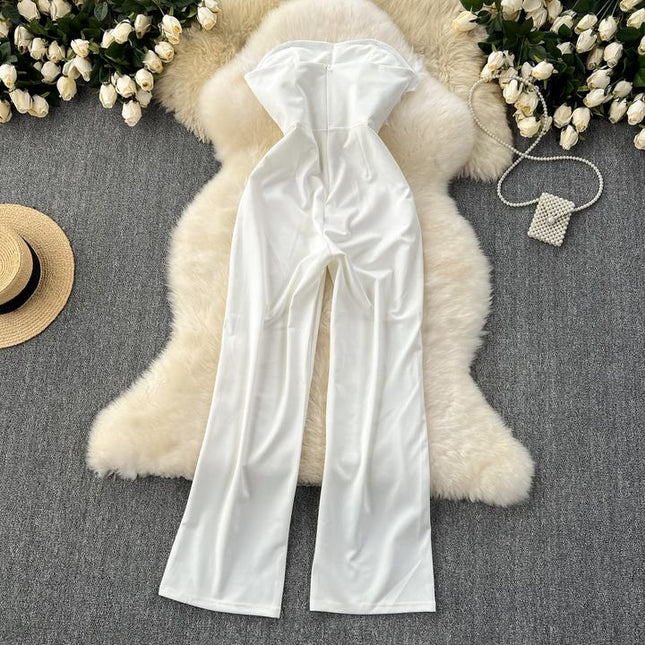 Summer New Sleeveless Sexy White Feather Splicing Chest Slimming Jumpsuit