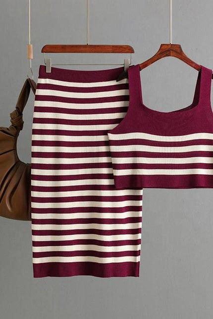 2025 New Set Women Two Pieces Set Knit Skirt Stripe Set