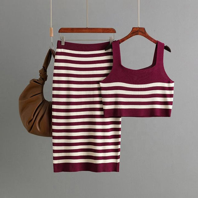 2025 New Set Women Two Pieces Set Knit Skirt Stripe Set