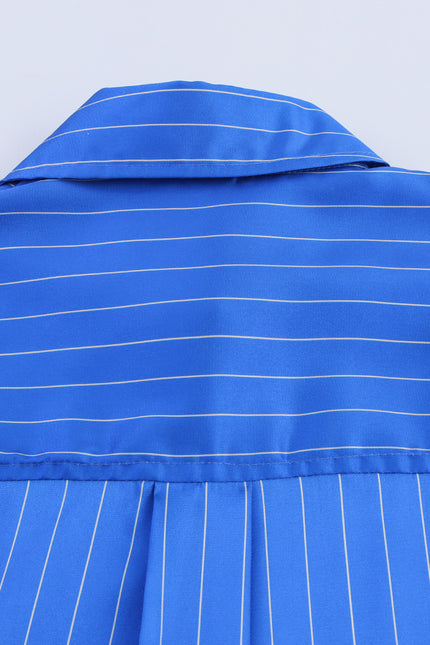 Turn Down Collar Blue Color Striped Print Long Sleeve Buttons up Casual Fashion Tops Blouse for Women