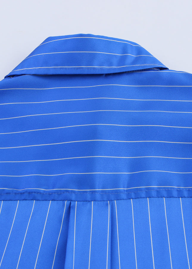 Turn Down Collar Blue Color Striped Print Long Sleeve Buttons up Casual Fashion Tops Blouse for Women