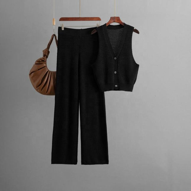 Fashion Knit Suit Women 2025 Summer New V-neck Sleeveless Vest High Waist Straight Pants Two-piece Set