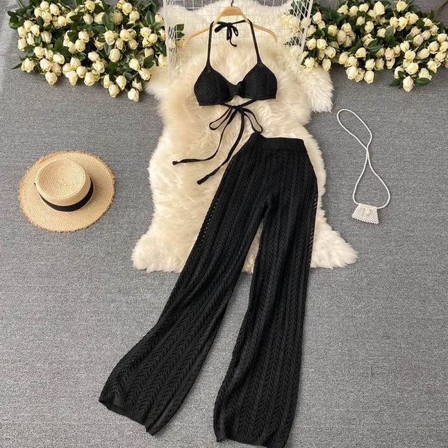 Women Summer Sexy Two Piece Suit Halter Sleeveless Knitting Tops High Waist Wide Leg Pants Set