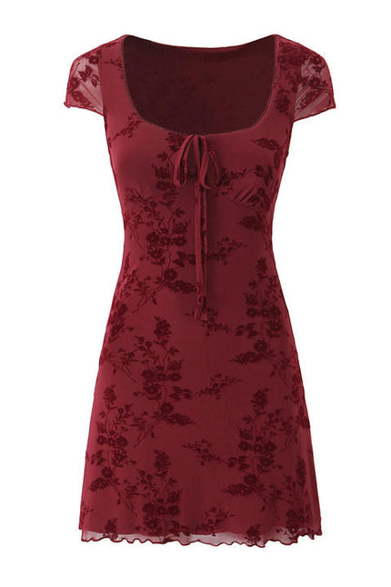 Square Collar Short Sleeve Burgundy Color Front Lace up Casual Fashion Summer Mini Dress for Women