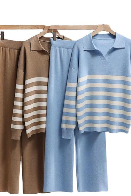 Wholesale New Knitting Suit Polo Collar Striped Sweater Set Loose Casual Top and Pants Sets Fashion Two-piece Set for Women