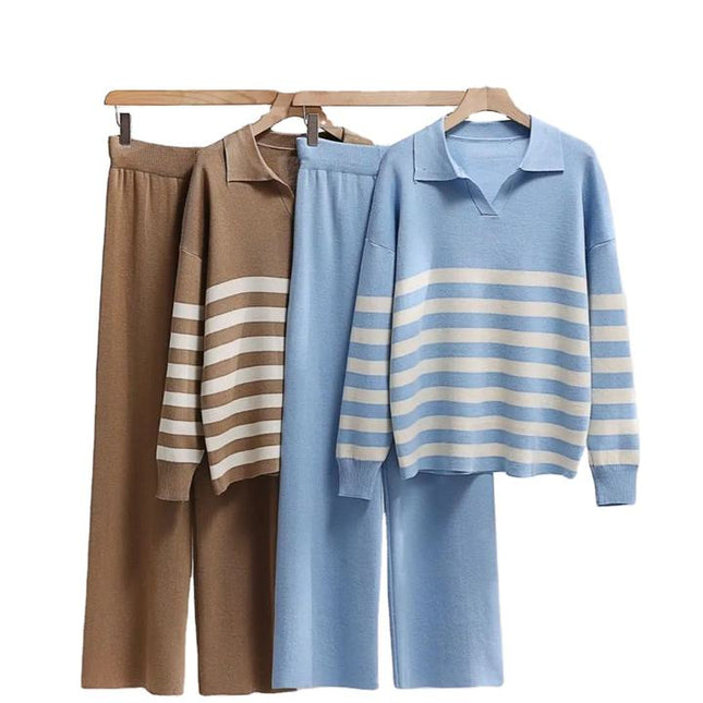 Wholesale New Knitting Suit Polo Collar Striped Sweater Set Loose Casual Top and Pants Sets Fashion Two-piece Set for Women