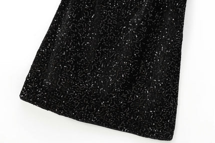 Black Color Front Bow Tie Sequin Spaghetti Strap Casual Fashion Mini Dress for Ladies