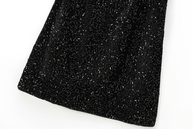 Black Color Front Bow Tie Sequin Spaghetti Strap Casual Fashion Mini Dress for Ladies