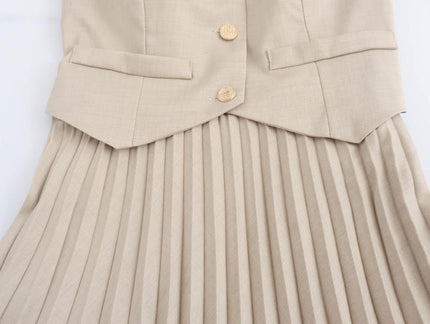 Back Hollow Out Solid Color Buttons up Sleeveless Casual Fashion Midi Pleated Dress for Women