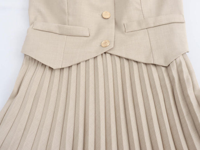 Back Hollow Out Solid Color Buttons up Sleeveless Casual Fashion Midi Pleated Dress for Women