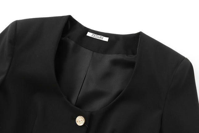 Black Color Single Breasted Long Sleeve Crew Neck Casual Fashion Jacket for Women
