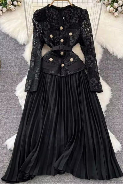 Wholesale 2024 Autumn Temperament Two Piece Long Sleeve Square Neck Lace Spliced Waist a Line Large Fold Women's Dress