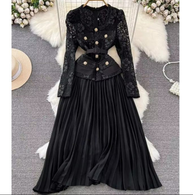 Wholesale 2024 Autumn Temperament Two Piece Long Sleeve Square Neck Lace Spliced Waist a Line Large Fold Women's Dress