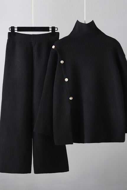 Design Sense Niche Stand Neck Split Knit Turtleneck Women's Winter Thermal Age Reduction Casual Wide Leg Pants Two Pieces