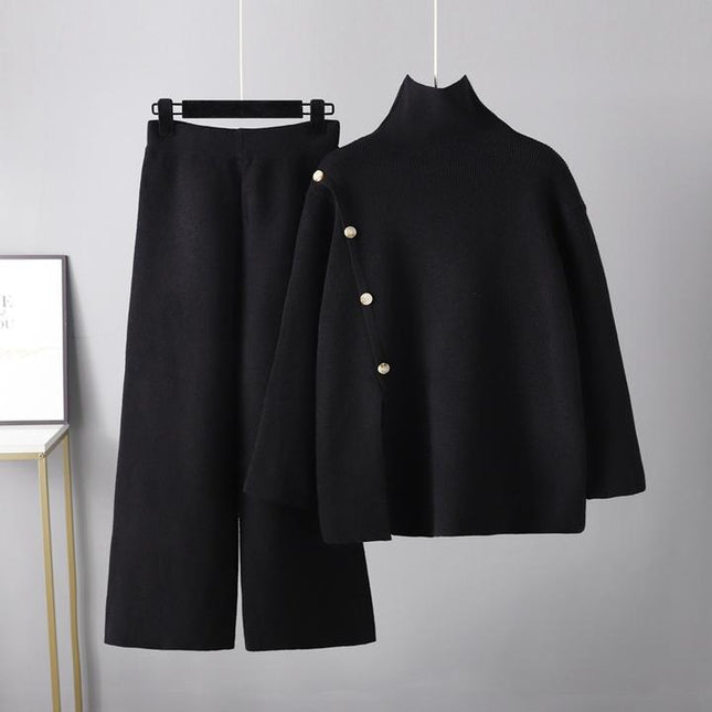 Design Sense Niche Stand Neck Split Knit Turtleneck Women's Winter Thermal Age Reduction Casual Wide Leg Pants Two Pieces