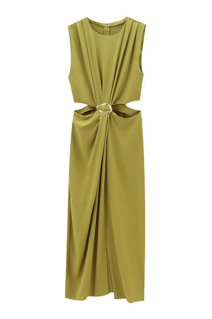 3 Colorway Solid Color Waist Hollow Out Crew Neck Sleeveless Casual Fashion Maxi Summer Dress for Ladies