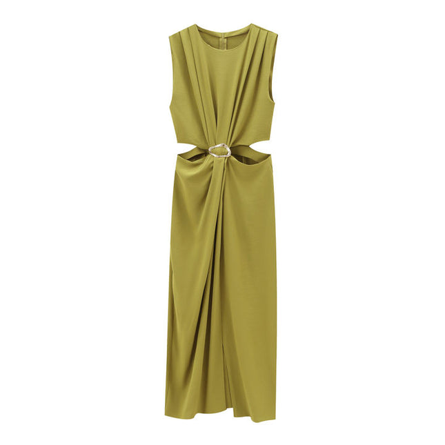 3 Colorway Solid Color Waist Hollow Out Crew Neck Sleeveless Casual Fashion Maxi Summer Dress for Ladies