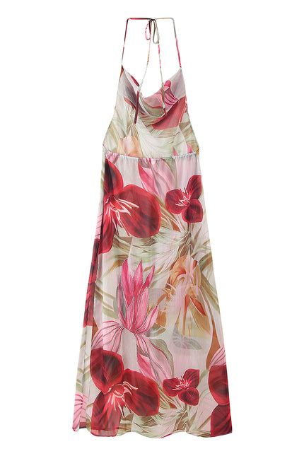Back Hollow Out Floral Print Multi Color Sleeveless Casual Fashion Long Halter Dress for Women