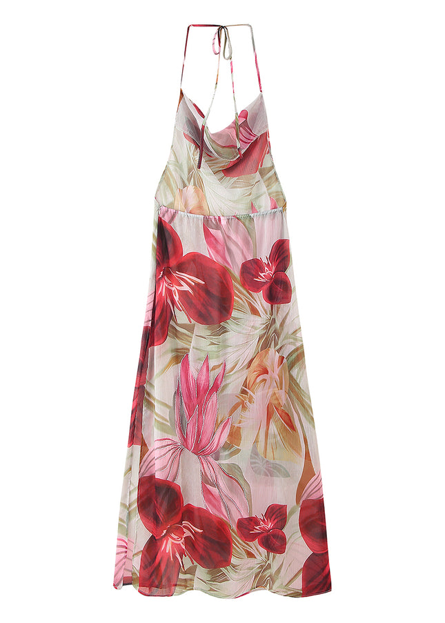 Back Hollow Out Floral Print Multi Color Sleeveless Casual Fashion Long Halter Dress for Women
