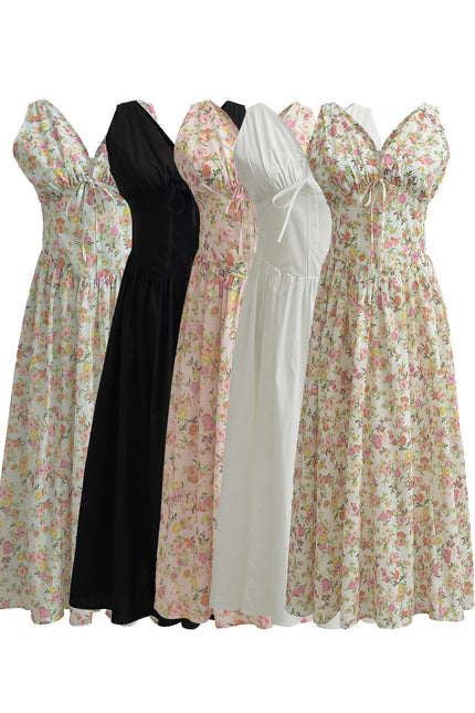 5 Colorway v Neck Front Lace up Sleeveless Hot Sale Casual Fashion Long Dress for Women
