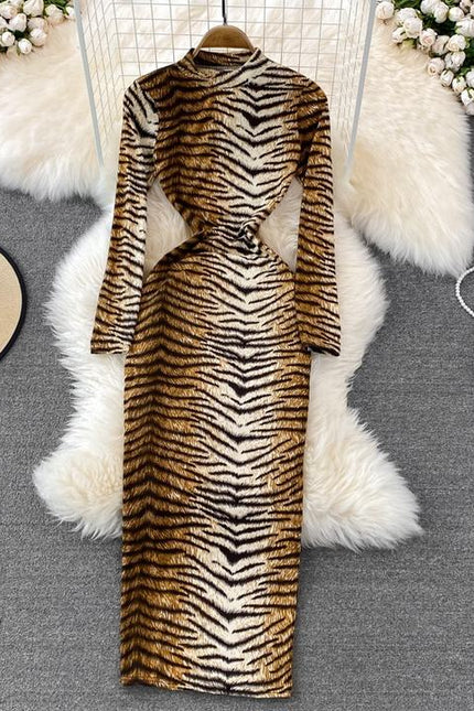 Sexy Leopard Print Standing Neck Women's Long Sleeve Tight Stretch Bodycon Long Dresses