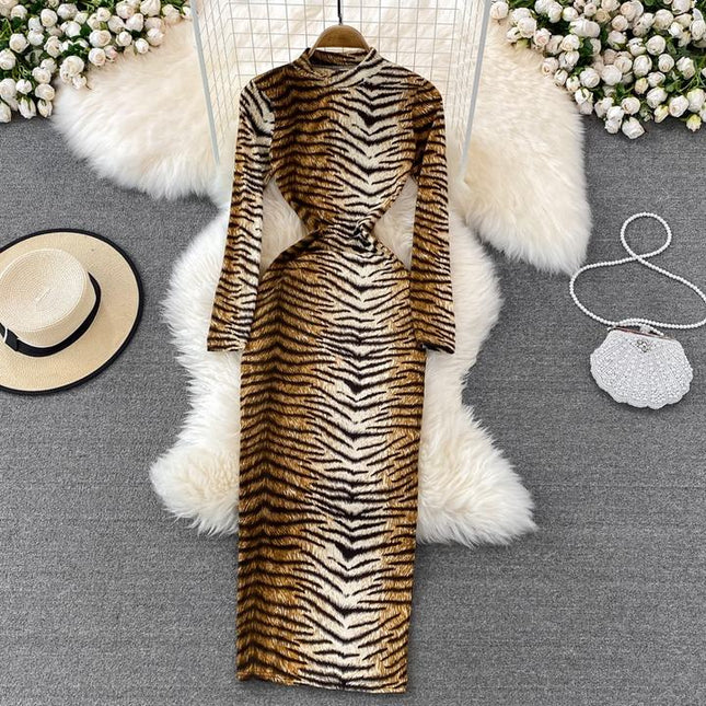 Sexy Leopard Print Standing Neck Women's Long Sleeve Tight Stretch Bodycon Long Dresses