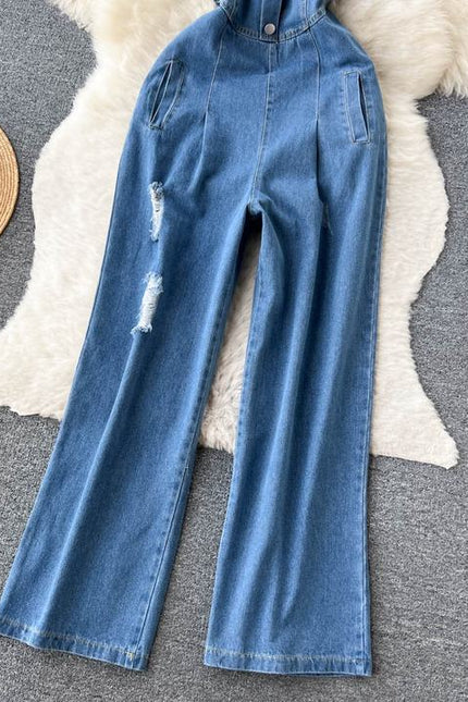 Spring Summer New Retro Sexy Female Denim Chest Wide-Leg Denim Pants Jumpsuit