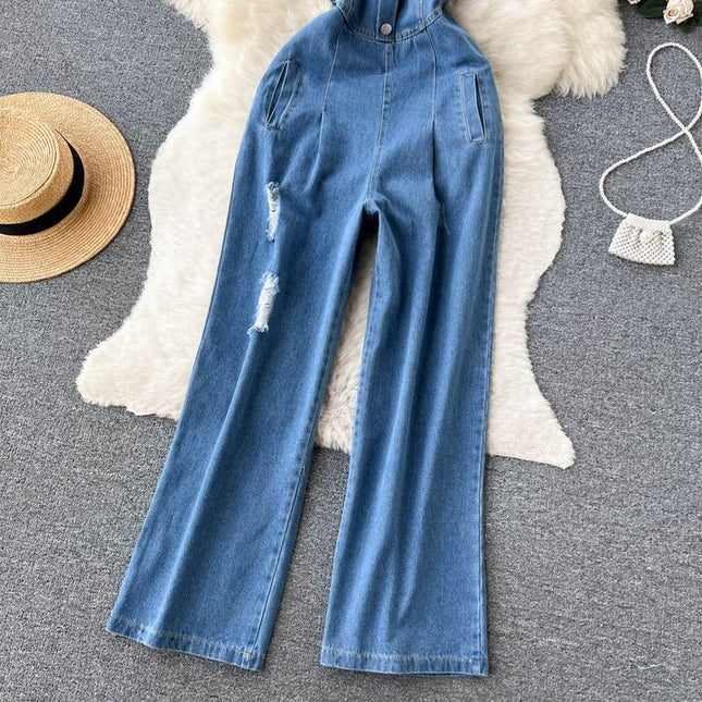 Spring Summer New Retro Sexy Female Denim Chest Wide-Leg Denim Pants Jumpsuit