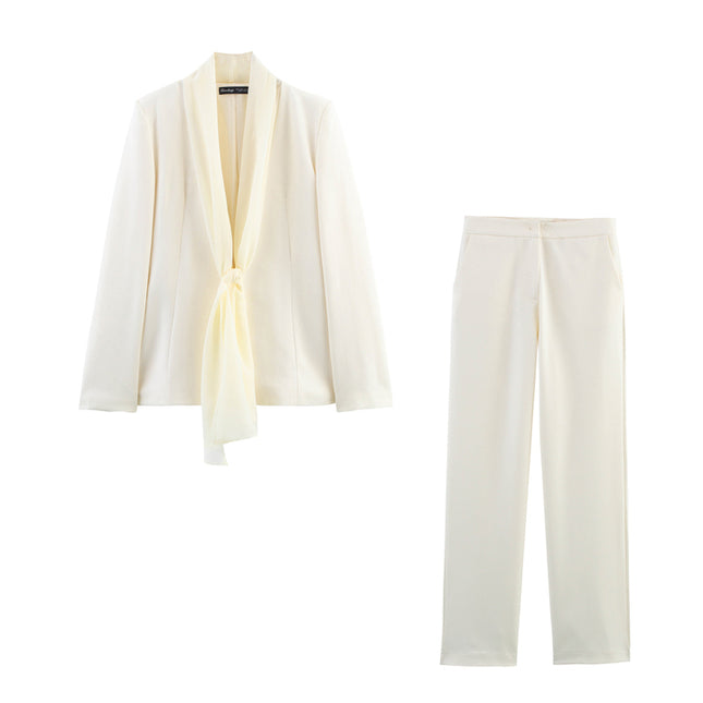 Beige Color Bow Tie Long Sleeve Casual Fashion Blazer Jacket for Women