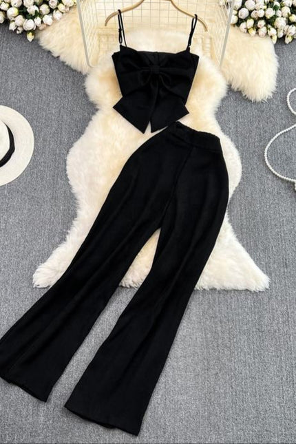 Casual Set of Female Casual Pants Pants Two-piece Bow Top Set