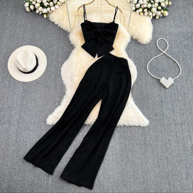 Casual Set of Female Casual Pants Pants Two-piece Bow Top Set