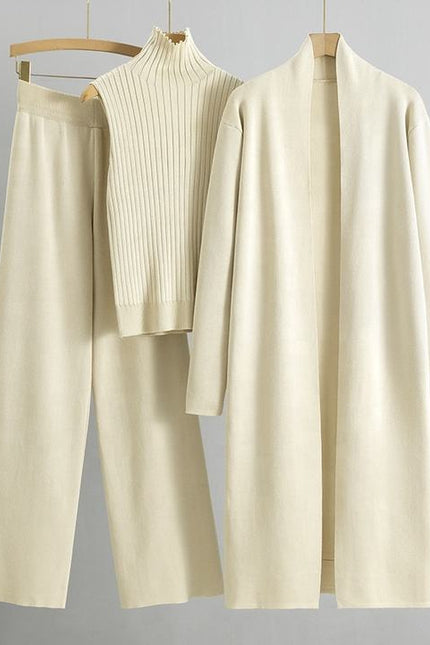 Autumn New Elegant Simple Knitted Set Sleeveless Tank Top+long Sweater Cardigan Pants Three Piece Sets