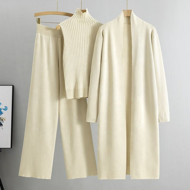 Autumn New Elegant Simple Knitted Set Sleeveless Tank Top+long Sweater Cardigan Pants Three Piece Sets