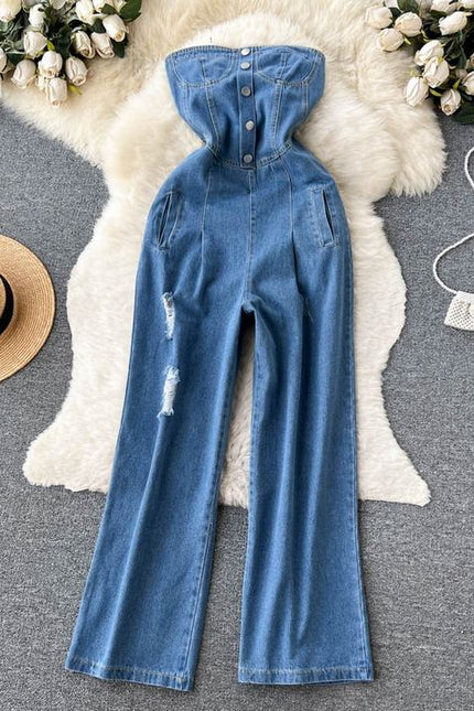 Spring Summer New Retro Sexy Female Denim Chest Wide-Leg Denim Pants Jumpsuit