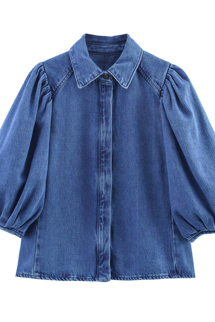 2 Colorway Turn Down Collar Long Sleeve Buttons up Denim Blue Color Casual Fashion Jeans Tops Blouse for Women
