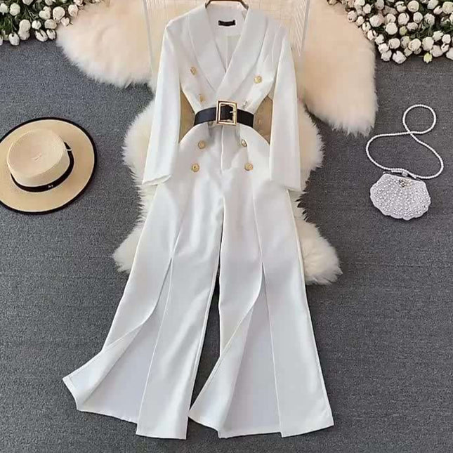 Spring Fashion OL Professional Office Style Jumpsuit High Waist Split Wide Leg Jumpsuit Pants