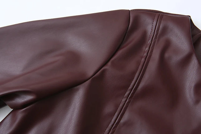 Crew Neck Burgundy Color Single Breasted Long Sleeve Casual Fashion PU Leather Jacket for Women