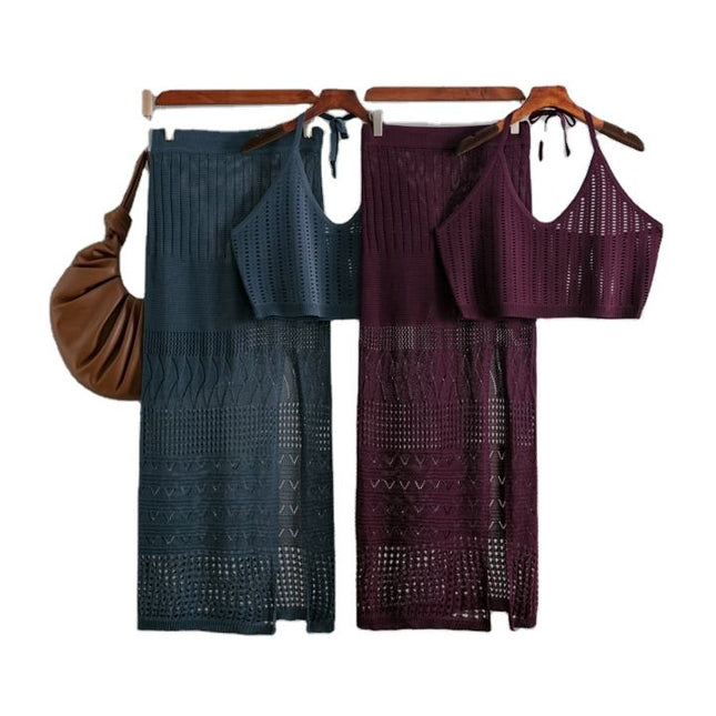 Europe and the United States New Women's Summer Short Vest Top Two-piece Set Split Buttock Wrap Skirt