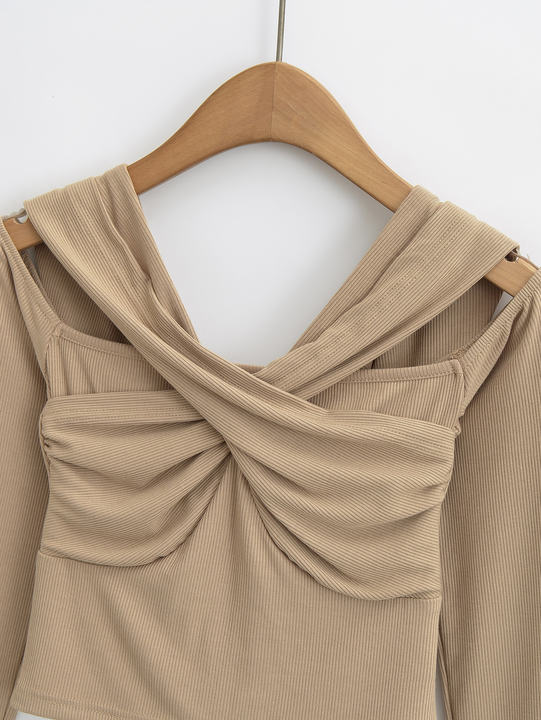 4 Colorway Solid Color Long Sleeve Hollow Out Casual Fashion Women Knit Crop t Shirt
