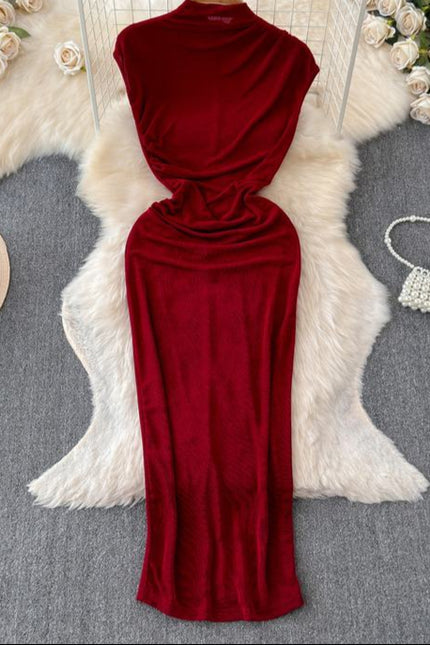 Dress goddess style temperament scheming pleated waist slimming half high collar skirt European and American long skirt