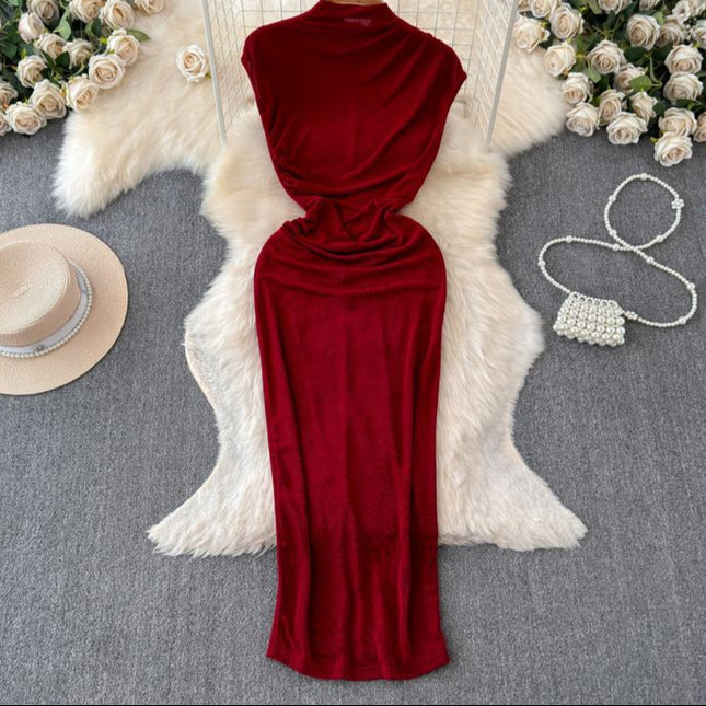 Dress goddess style temperament scheming pleated waist slimming half high collar skirt European and American long skirt