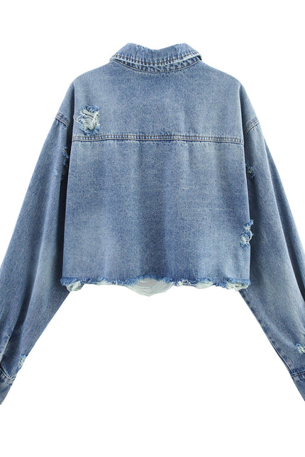 Turn Down Collar Long Sleeve Denim Blue Color Single Breasted Casual Fashion Jeans Jacket for Women