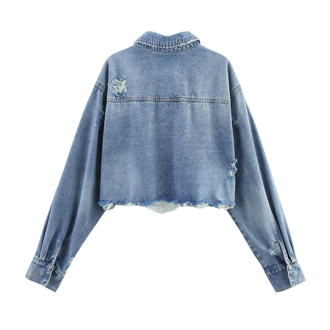 Turn Down Collar Long Sleeve Denim Blue Color Single Breasted Casual Fashion Jeans Jacket for Women