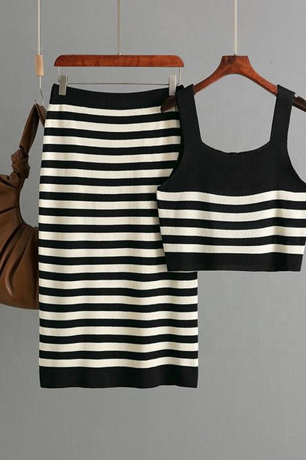 2025 New Set Women Two Pieces Set Knit Skirt Stripe Set