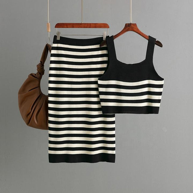 2025 New Set Women Two Pieces Set Knit Skirt Stripe Set
