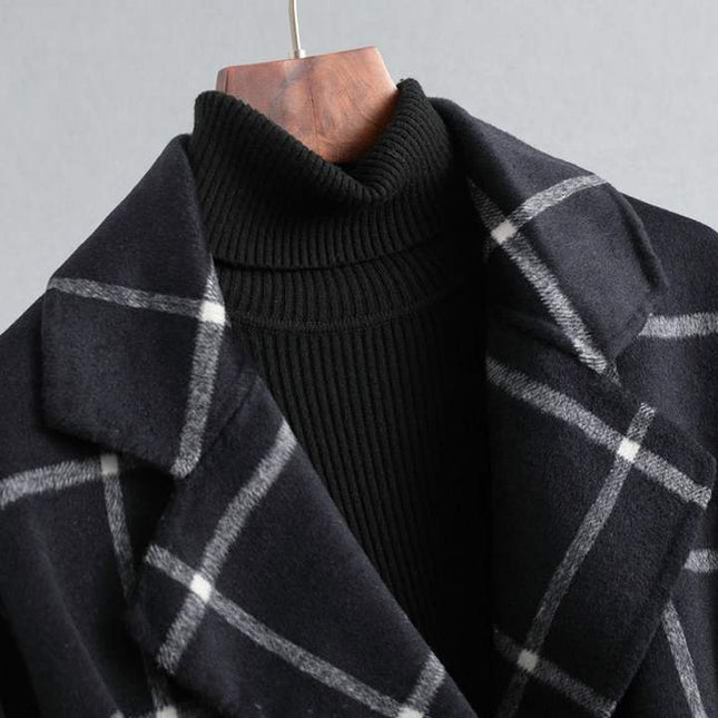 2022 New Plaid Pattern Mid-length Windbreaker Female Korean Version Slim Double-breasted Design Temperament Coat