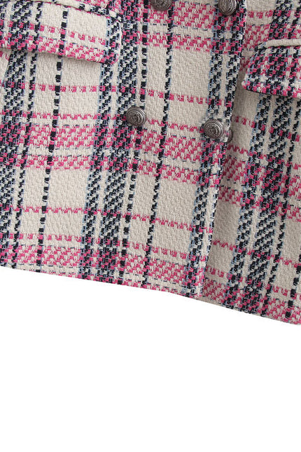 Double Breasted Plaid Pattern Long Sleeve Notched Collar Casual Tweed blazer for Women