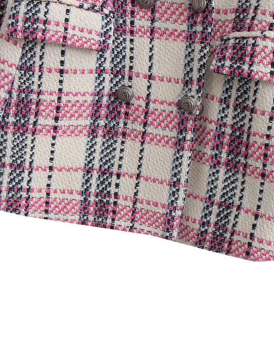Double Breasted Plaid Pattern Long Sleeve Notched Collar Casual Tweed blazer for Women