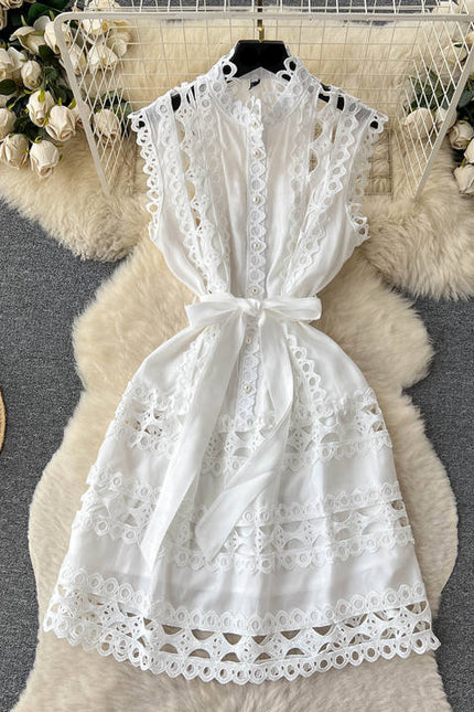 Sexy Summer Temperament Court Style Hollow Lace A-line Skirt Stand Collar Slimming Dress Female Summer Lace-up Waist Dress