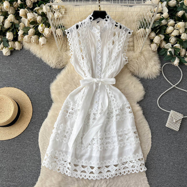 Sexy Summer Temperament Court Style Hollow Lace A-line Skirt Stand Collar Slimming Dress Female Summer Lace-up Waist Dress